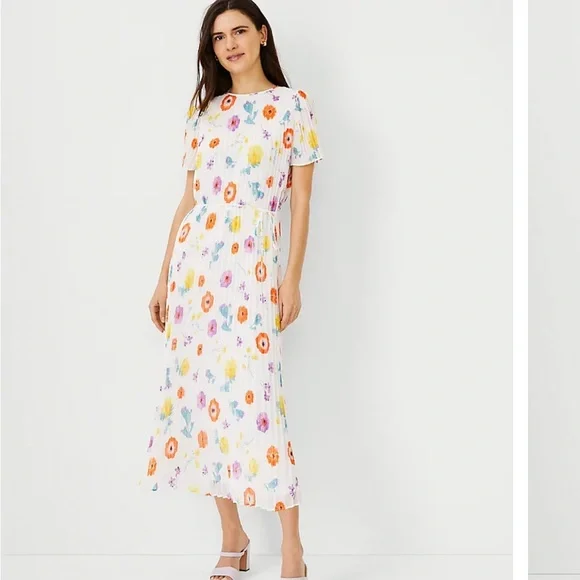 Ann Taylor Pleated Floral Midi Dress - Multicolor - Picture 1 of 4